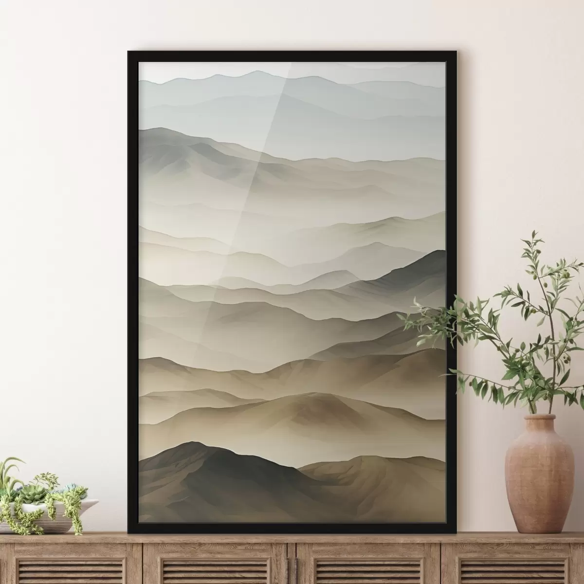 Plakatas kalvos, rūkas, neutralūs tonai, tekančios linijos, žemė, minkšti kraštai, gamta, gylis f45096