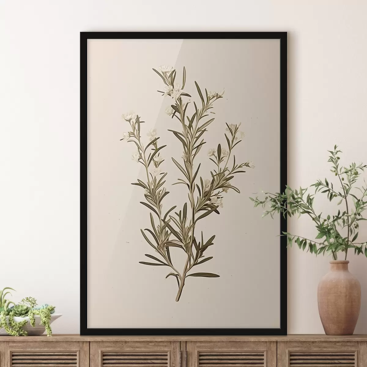 Plakatas botaninis, smėlio spalvos fonas, minimalus, augalas, žali lapai, šakos, žolė, stiebas f45098