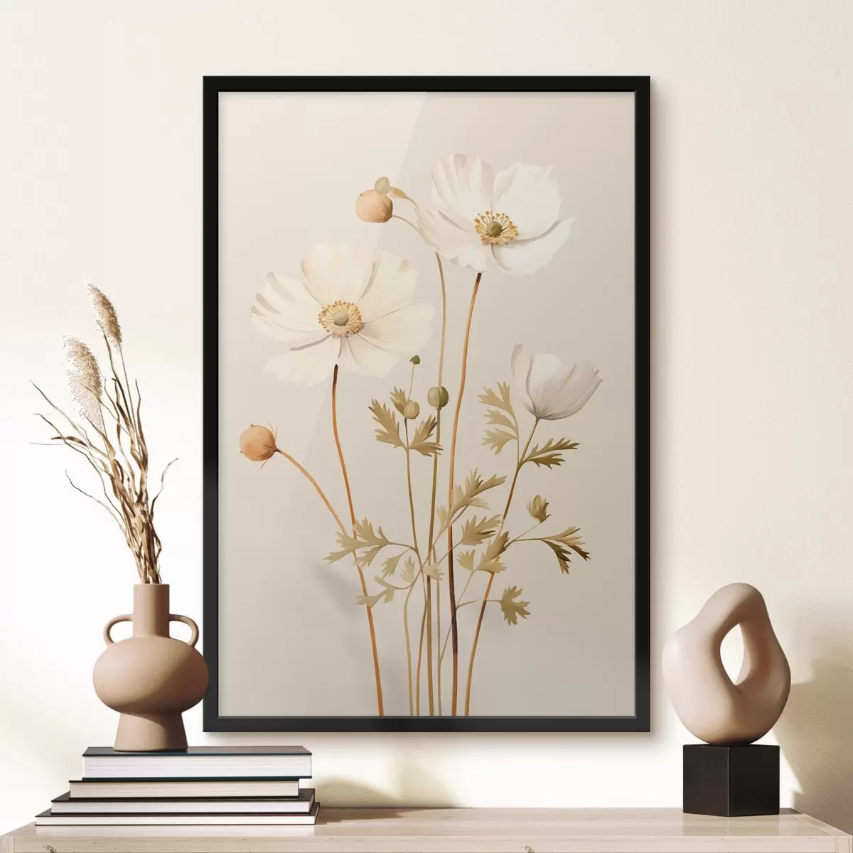 Plakatas gėlė, botaninis, smėlio spalvos fonas, minkšti tonai, žiedlapiai, augalas, derliaus, minimalus f45099