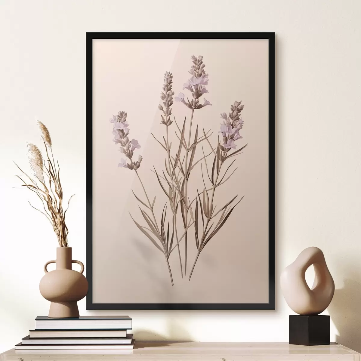 Plakatas levandų, botaninis, smėlio spalvos fonas, minkšta violetinė, lapai, gėlių, natūralus, stiebas f45100