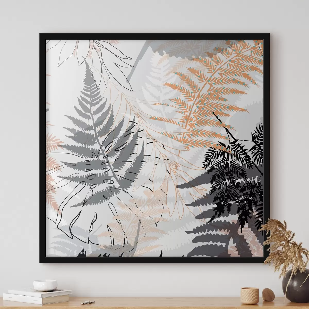 Plakatas papartis, abstraktūs lapai, modelis, plokščias dizainas, kontrastas, pilki tonai, botaninis, perdanga f45101