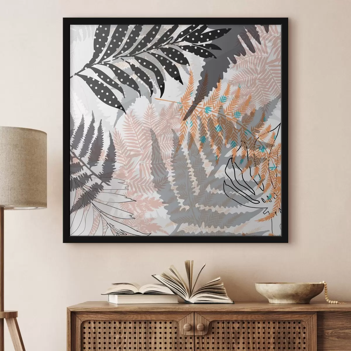 Plakatas atogrąžų lapai, grafinis, tekstūra, smėlio ir juodos spalvos, siluetas, šiuolaikinis, augalas f45103