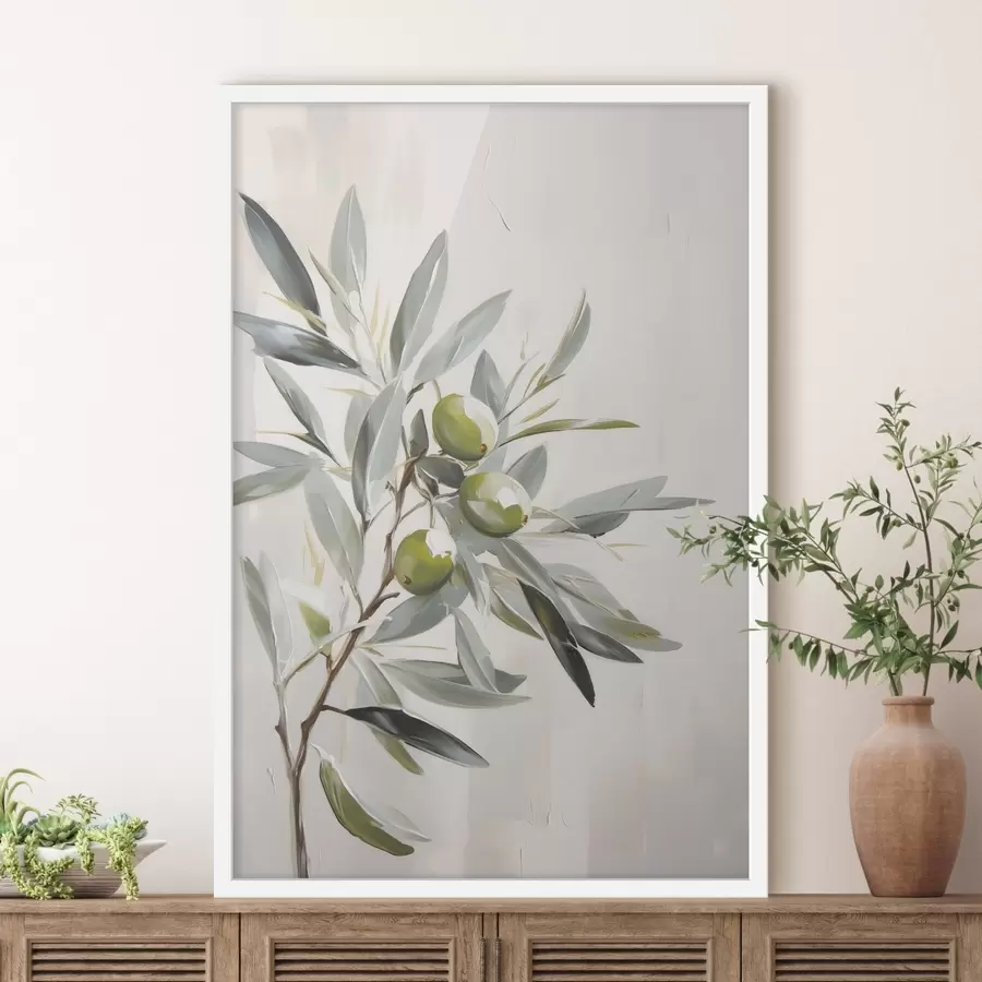 Fototapetai alyvmedžio šakelė, žali vaisiai, prislopinti tonai, lapai, minimalus, natūralus, aliejinė tapyba, botaninis f45109