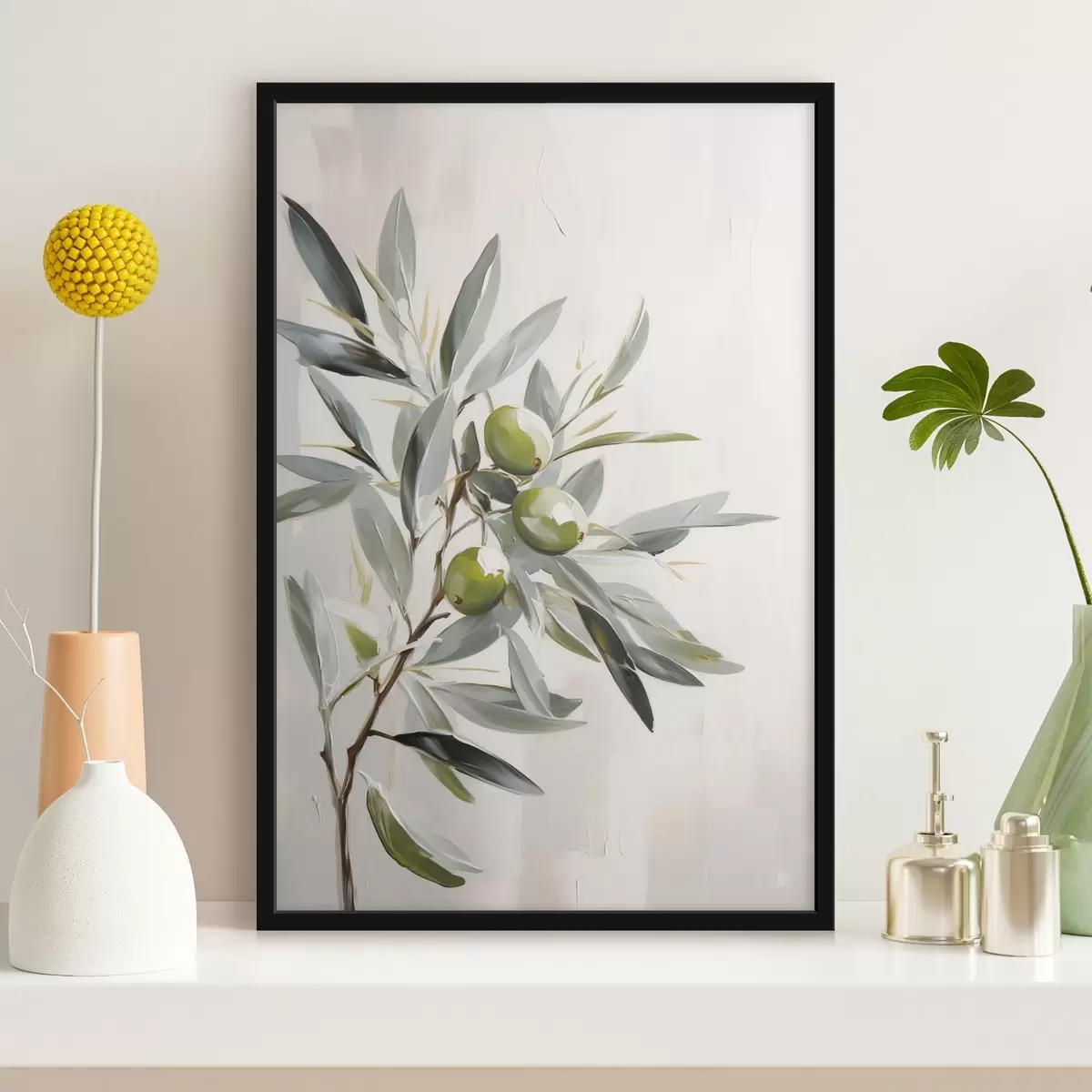Plakatas alyvmedžio šakelė, žali vaisiai, prislopinti tonai, lapai, minimalus, natūralus, aliejinė tapyba, botaninis f45109