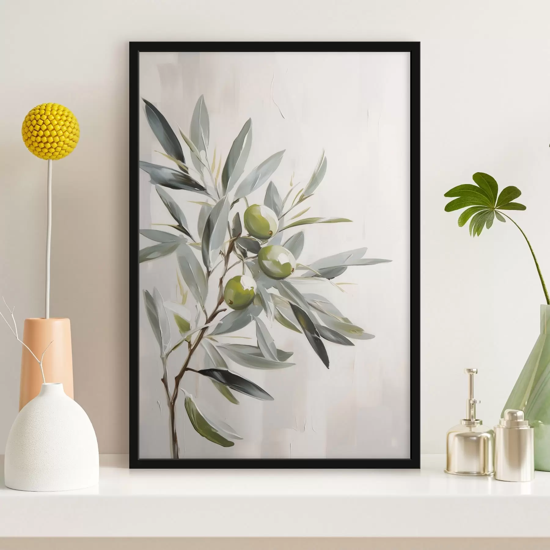 Fototapetai alyvmedžio šakelė, žali vaisiai, prislopinti tonai, lapai, minimalus, natūralus, aliejinė tapyba, botaninis f45109