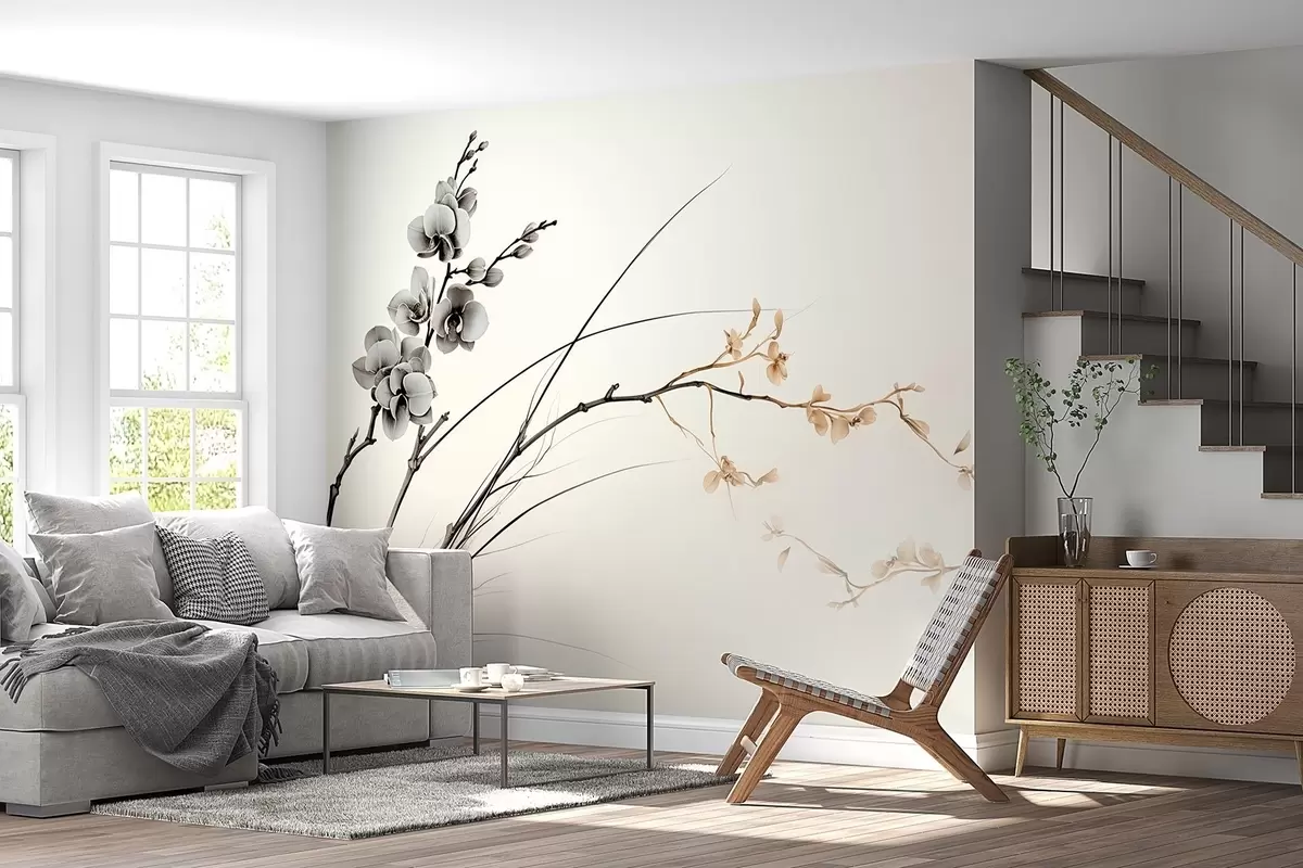 Fototapetai Minimalistinė orchidėjos šaka švelniais sepijos ir pilkais tonais w09250