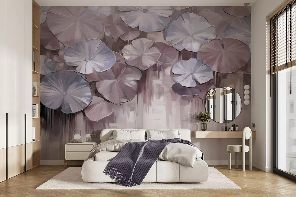 Fototapetai Violetinės ir mėlynos spalvos tekstūrinės lelijų pagalvėlės tvenkinyje, fonas - neryškus švelnių violetinių atspalvių mišinys w09255v1