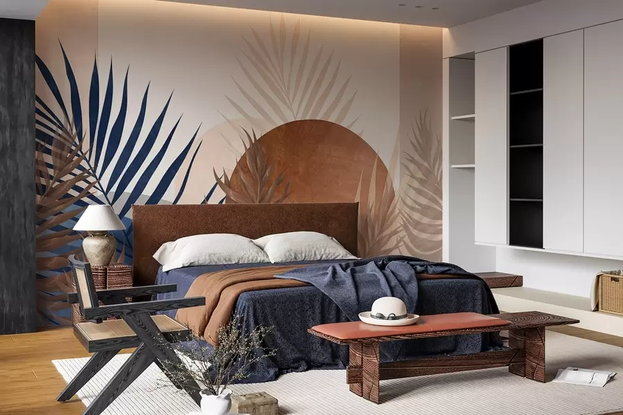 Fototapetai Abstrakti faktūrinė kompozicija su mėlynos ir žemės atspalvių atogrąžų lapais ir didele apskrita forma w09257