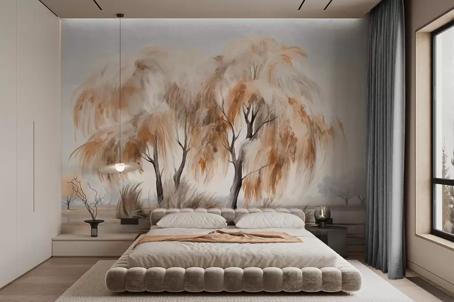 Fototapetai Tekstūriniai gluosniai rudais ir baltais lapais ant ežero kranto su žole aplink juos, miglotą dieną w09268