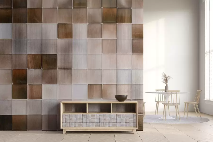 Fototapetai Kvadratinės mozaikinės akmens masės plytelės su rudos, smėlio ir baltos spalvos atspalviais ir abstrakčia rievėta grūdėta triukšminga tekstūra w09269