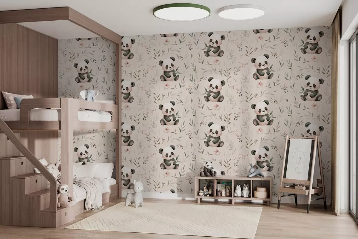Fototapetai mielos kūdikių stiliaus pandos tarp augalų w04170
