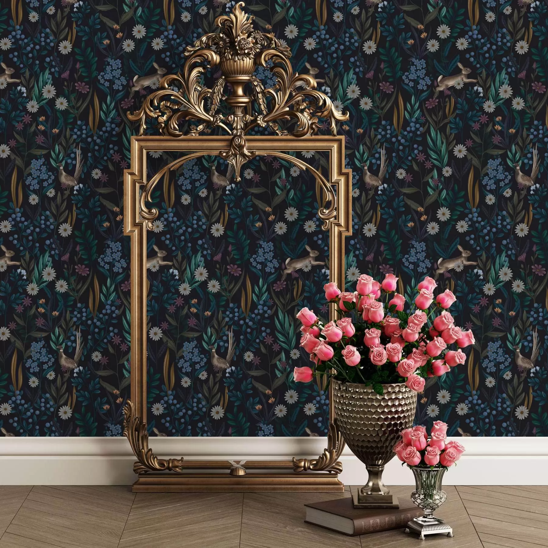 Fototapetai Tamsus miškas su gėlėmis, kiškiu ir paukščiu a00310