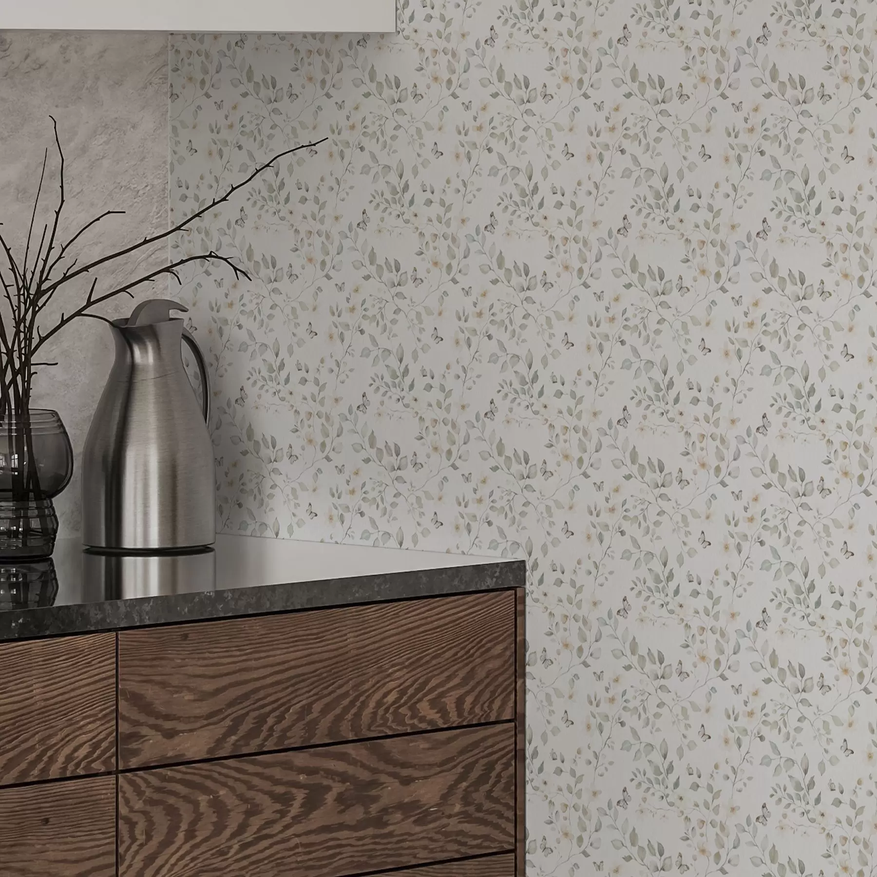 Fototapetai Šviesios šakos su lapais ir gėlėmis nedideliais pasikartojimais a00343