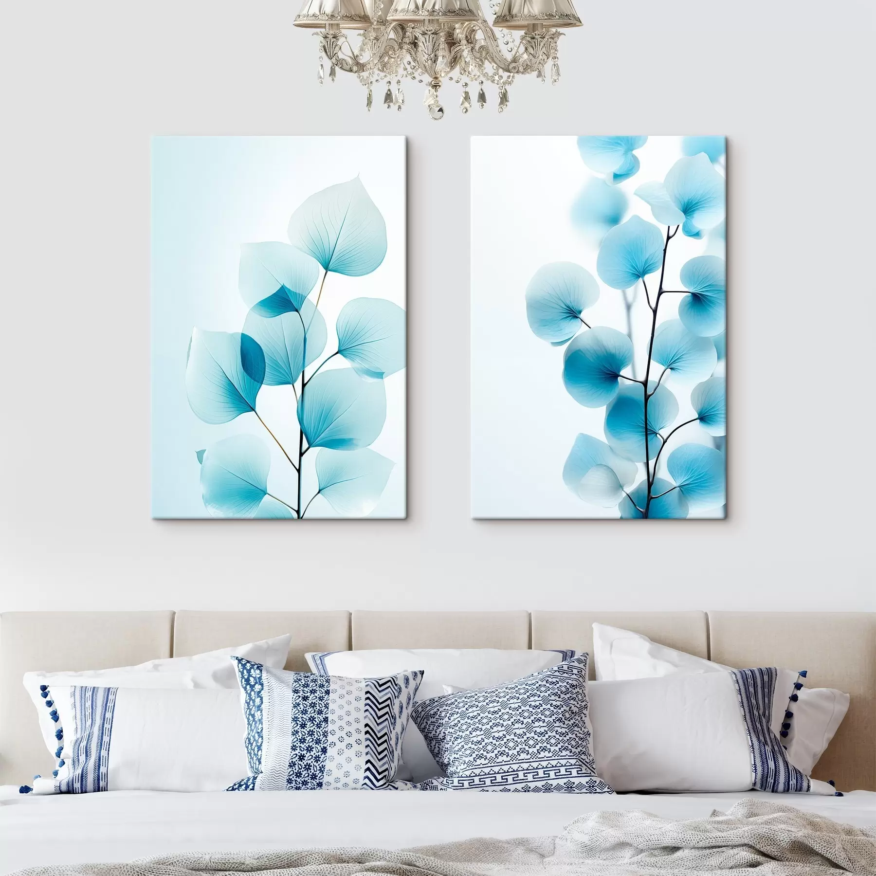 Paveikslėlis Šaka su permatomais mėlynais lapais, matomos subtilios gyslos, lengva ir rami kompozicija, minimalistinė estetika m00522