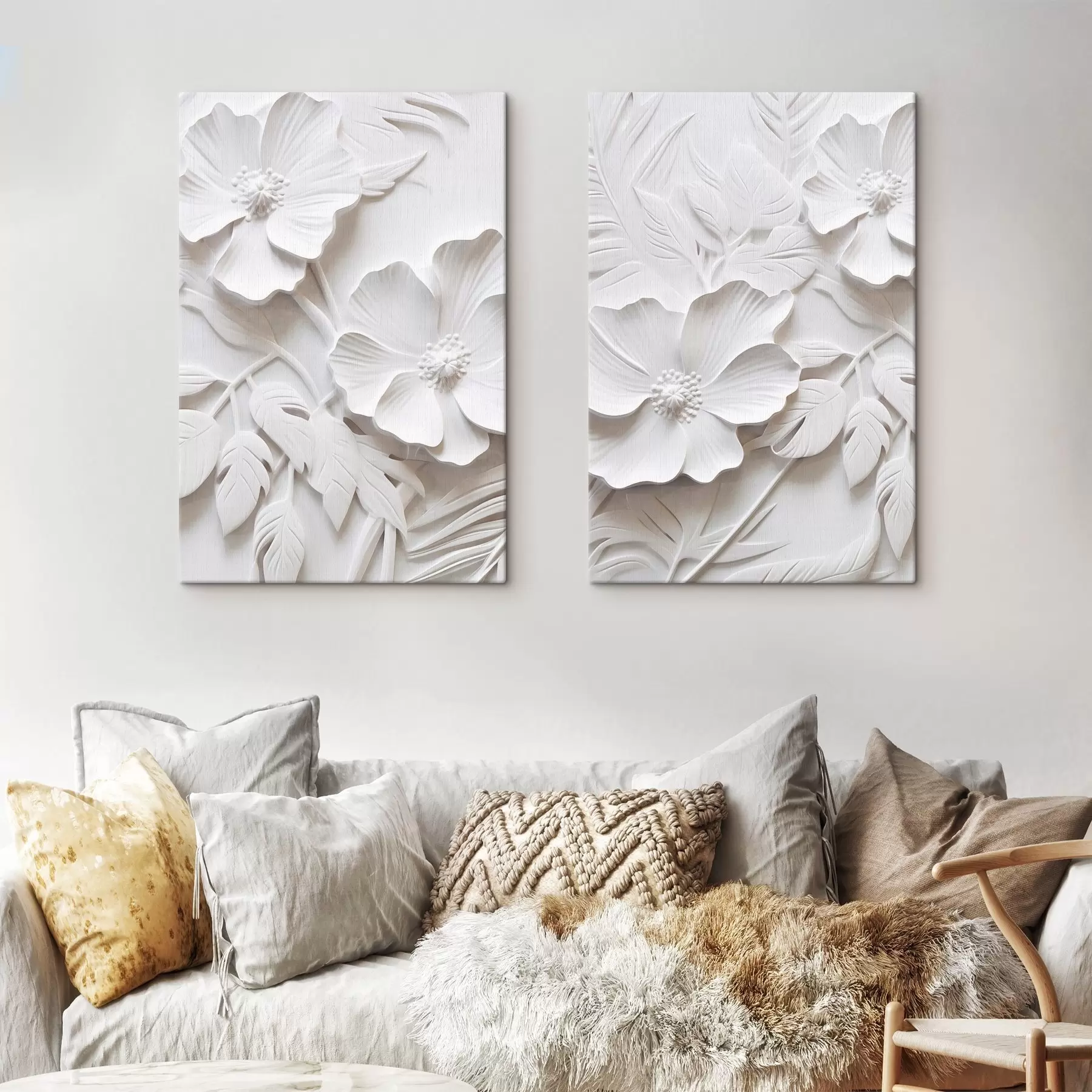 Fototapetai Dekoratyvios minimalistinės baltos gėlės su lapais, reljefo imitacija, baltas fonas m00524