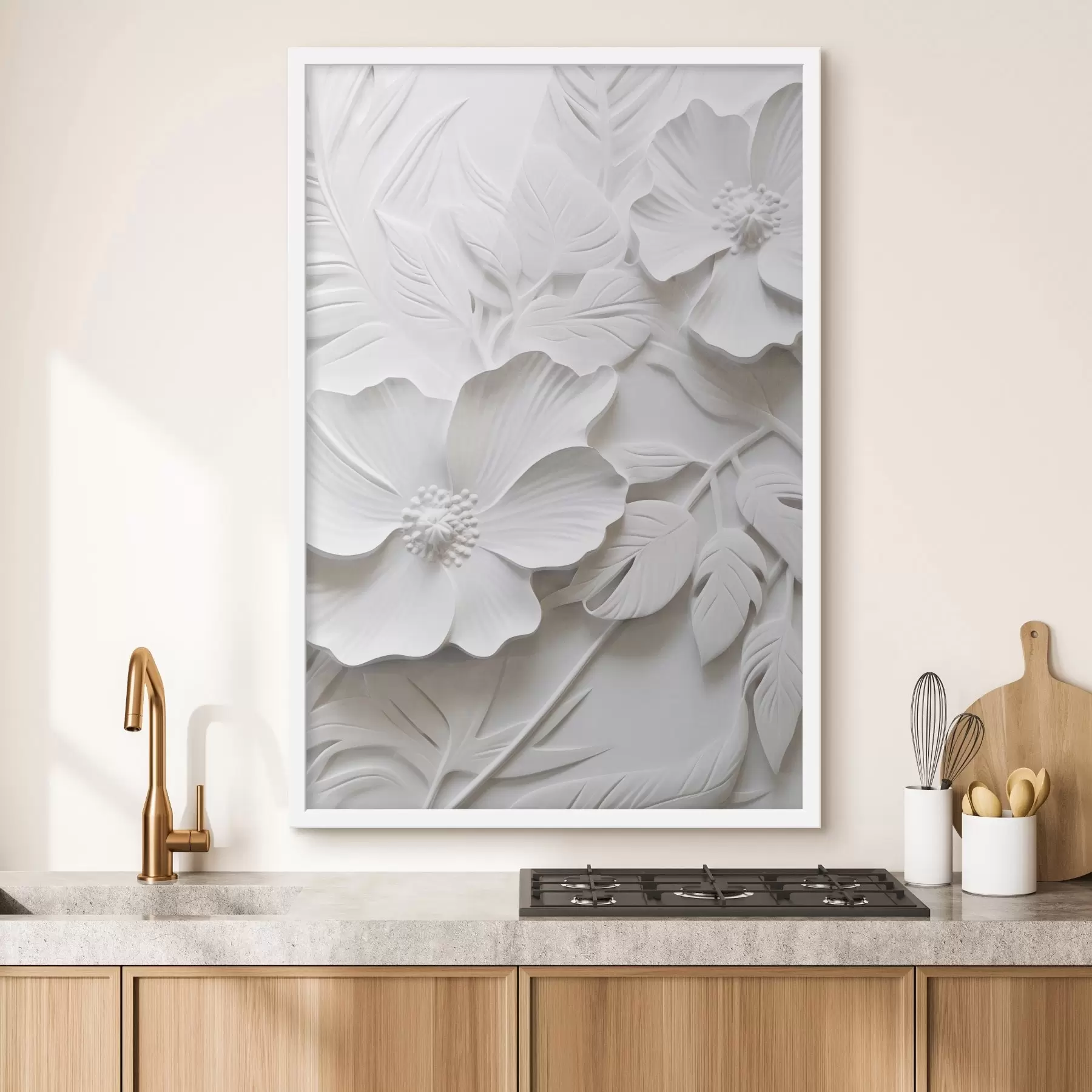 Fototapetai Dekoratyvios minimalistinės baltos gėlės su lapais, reljefo imitacija, baltas fonas f45180