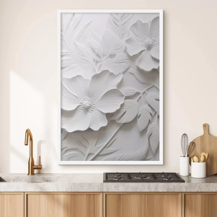 Fototapetai Dekoratyvios minimalistinės baltos gėlės su lapais, reljefo imitacija, baltas fonas f45180