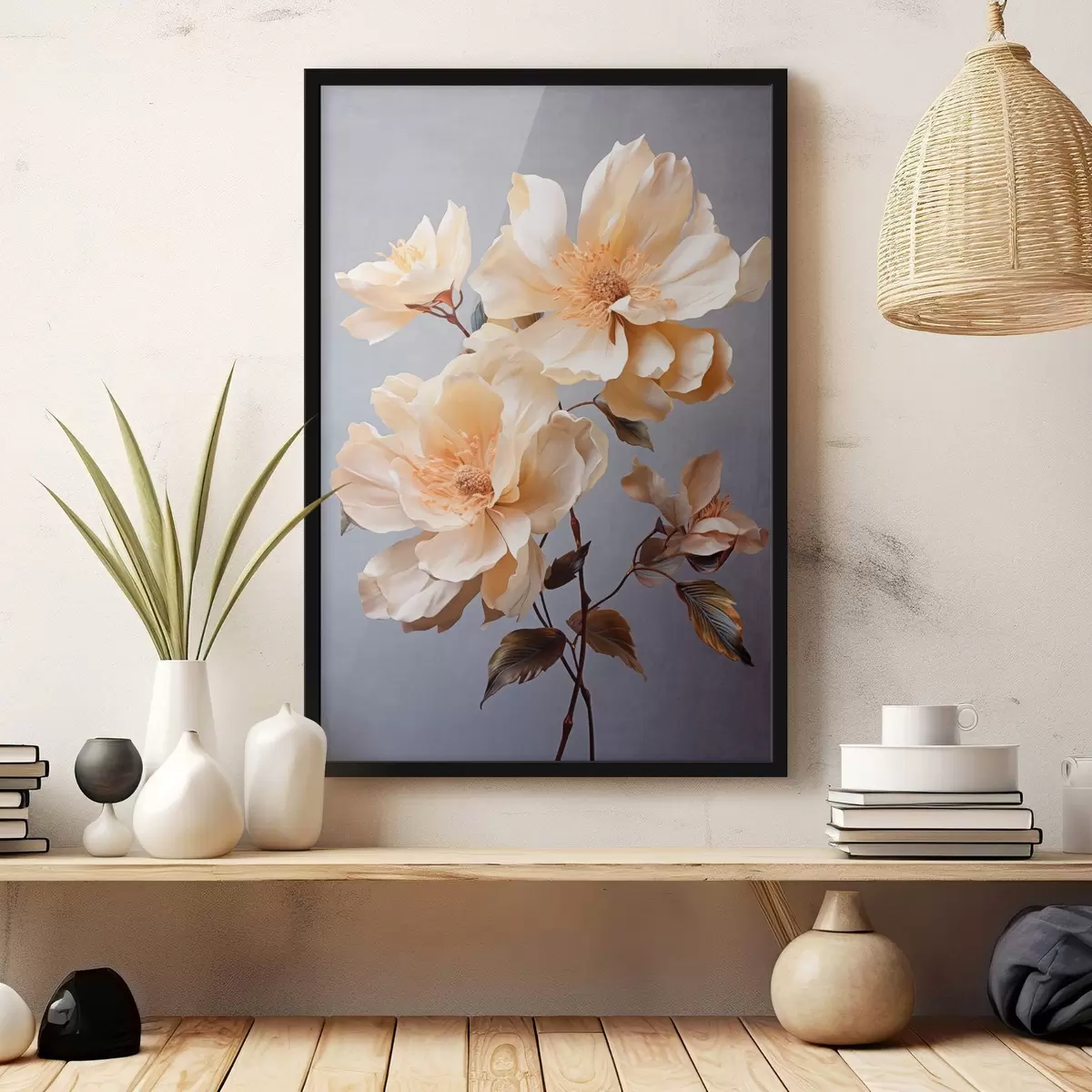 Plakatas Tekstūruotos gėlės su oranžiniais piesteliais ir oranžiniais lapais pilkame fone, minkšta šviesa, elegantiškas, detalus, realistiškas f45182