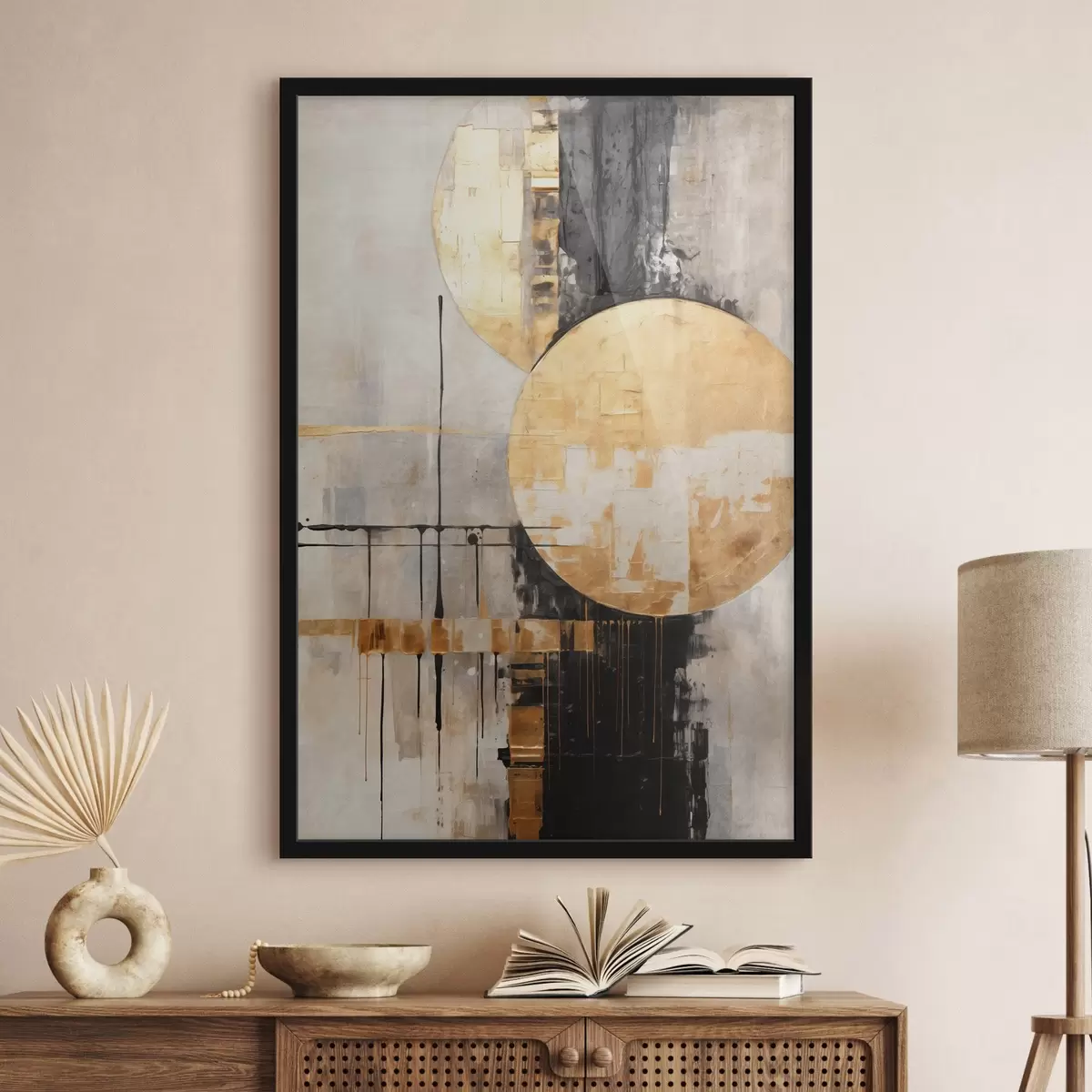 Plakatas Abstraktus paveikslas su apskritimais, juodomis ir geltonomis linijomis bei pilkų ir baltų tonų fonu f45185