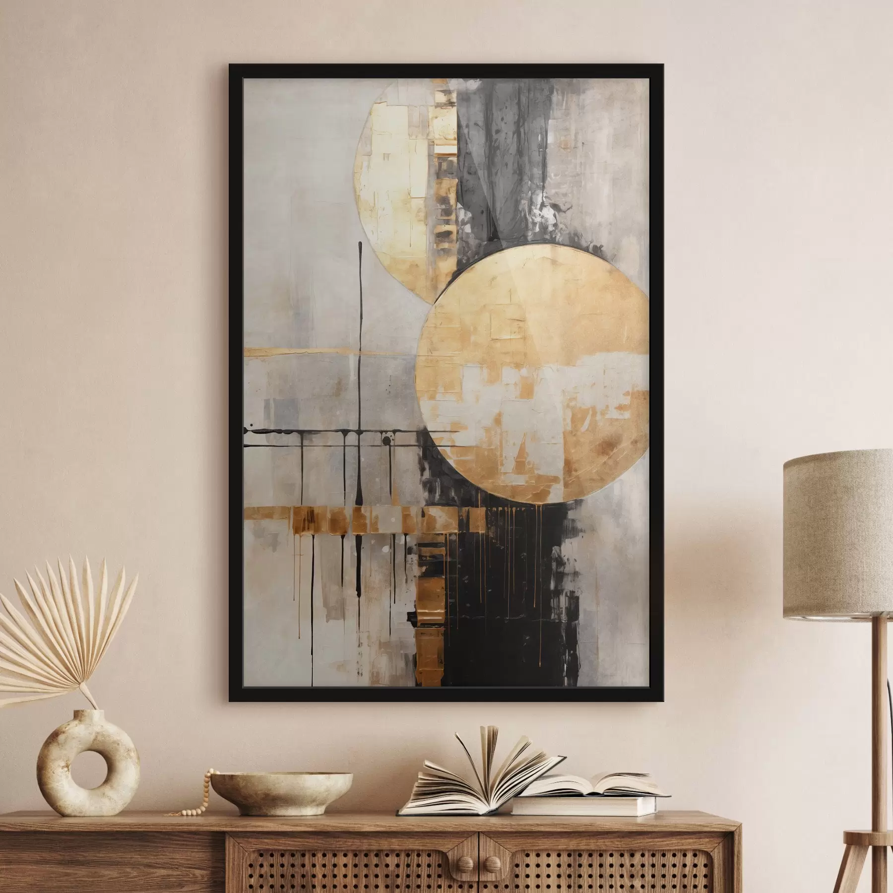 Fototapetai Abstraktus paveikslas su apskritimais, juodomis ir geltonomis linijomis bei pilkų ir baltų tonų fonu f45185