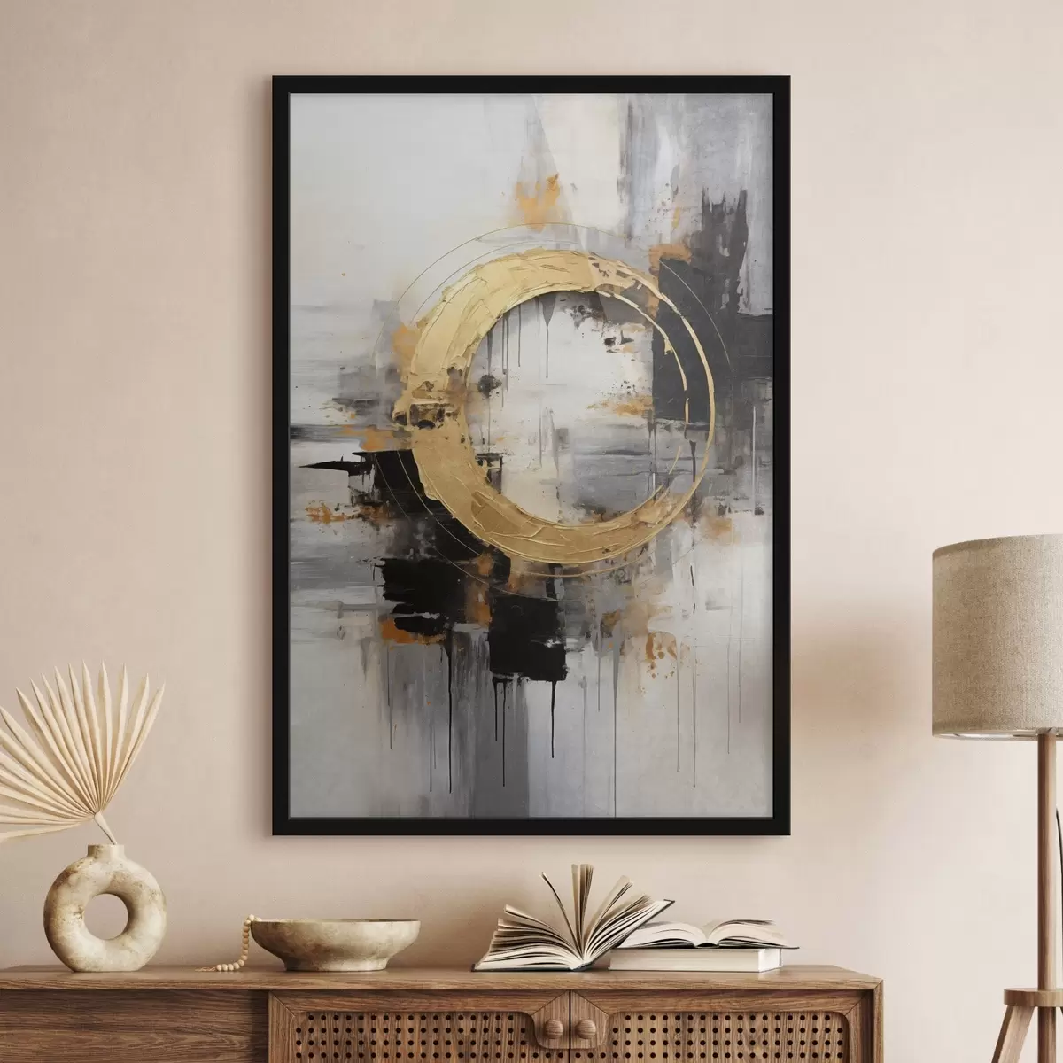 Plakatas Abstraktus paveikslas su apskritimais, juodomis ir geltonomis linijomis bei pilkų ir baltų tonų fonu f45186