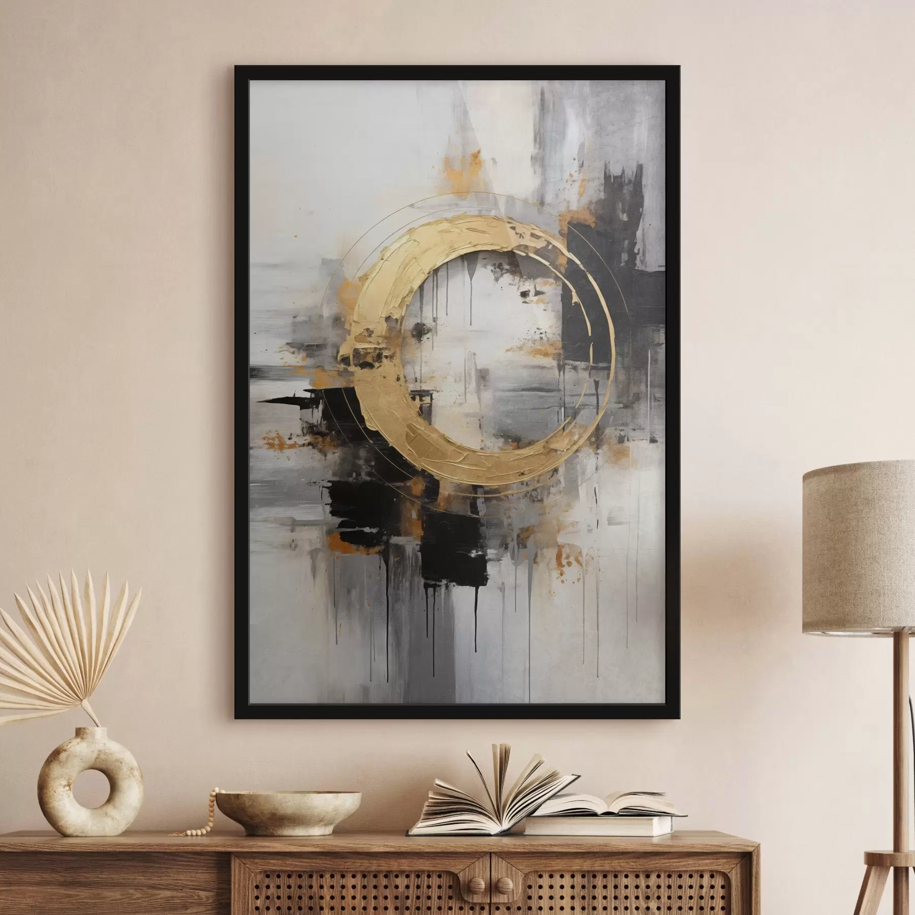 Fototapetai Abstraktus paveikslas su apskritimais, juodomis ir geltonomis linijomis bei pilkų ir baltų tonų fonu f45186