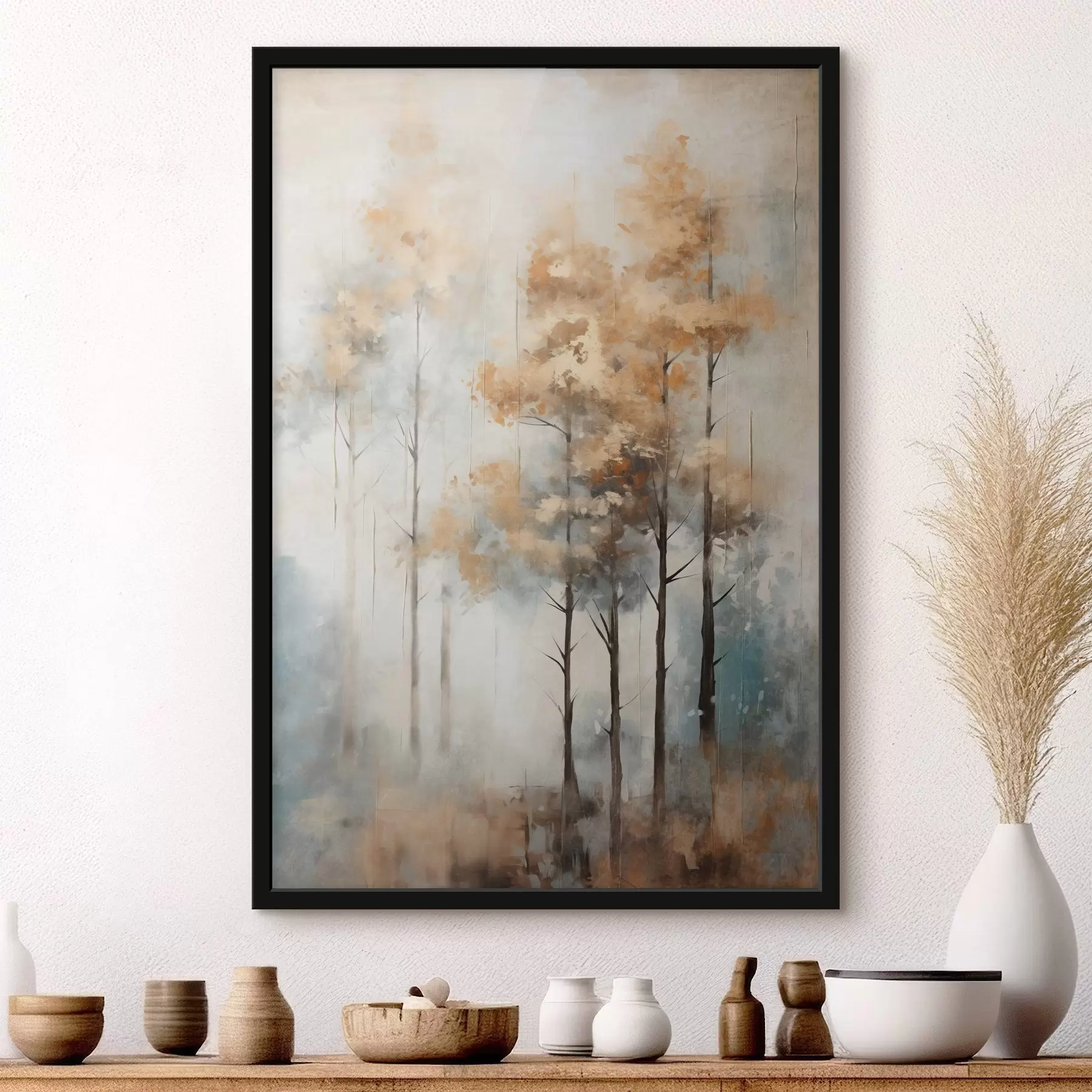 Fototapetai Tekstūruoti aukšti medžiai su geltonais lapais miške , fone susipina švelnūs mėlyni ir rudi tonai f45187