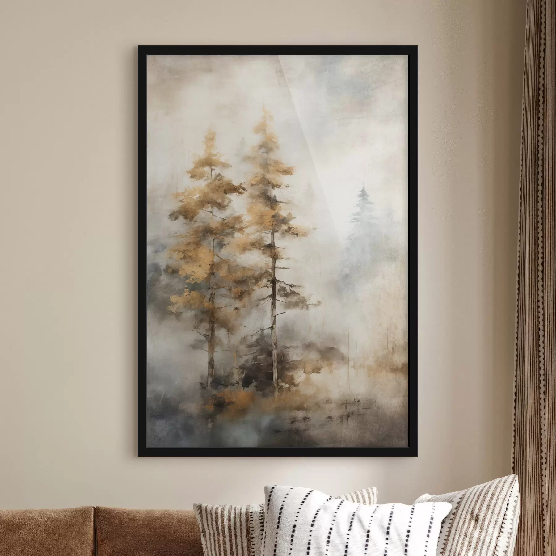 Fototapetai Tekstūruoti aukšti medžiai su geltonais lapais miške , fone susipina švelnūs mėlyni ir rudi tonai f45188