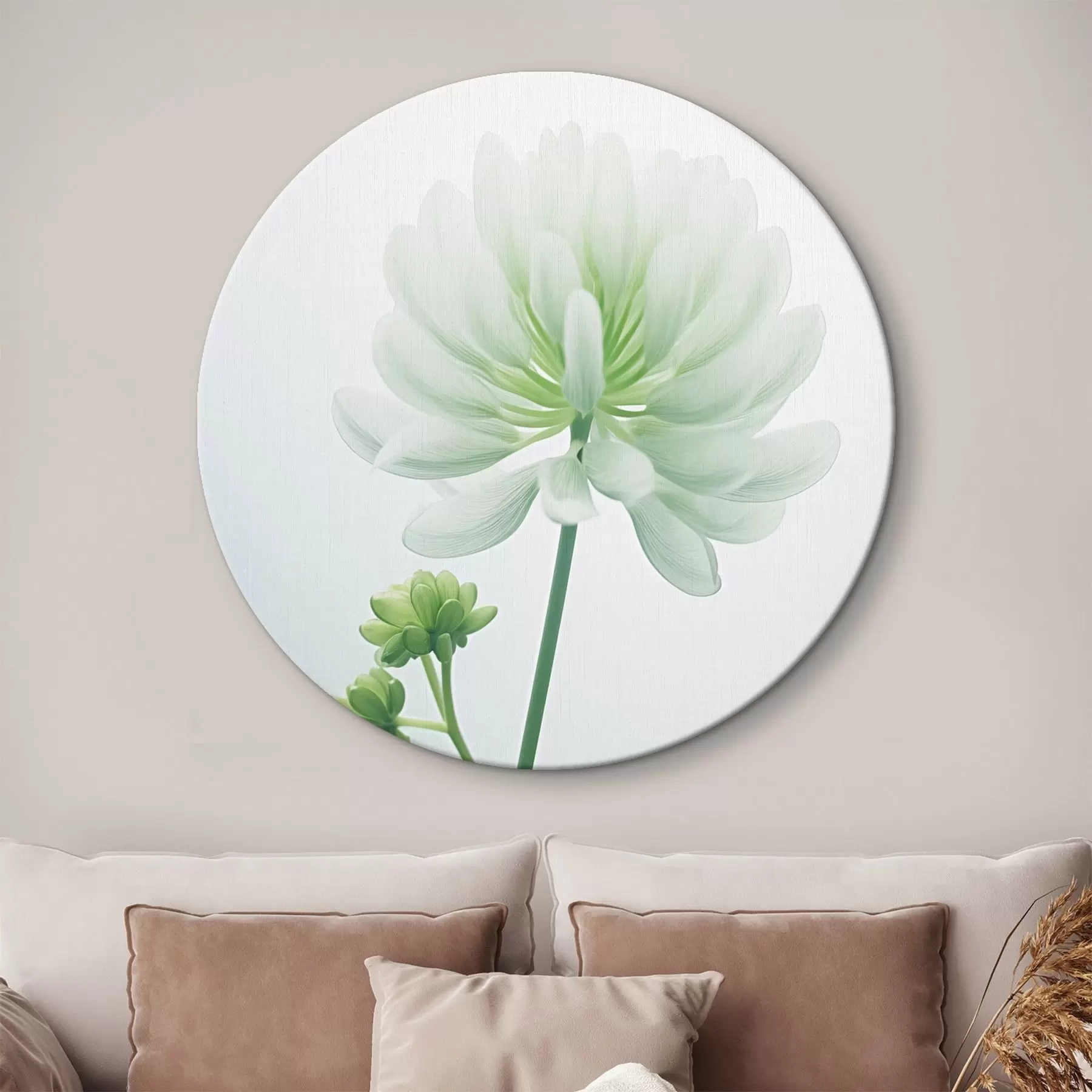 Paveikslėlis Balto dobilo gėlė su žaliu stiebu ir lapais, minkštas apšvietimas, švarus fonas, minimalistinė kompozicija, botaninis r45171
