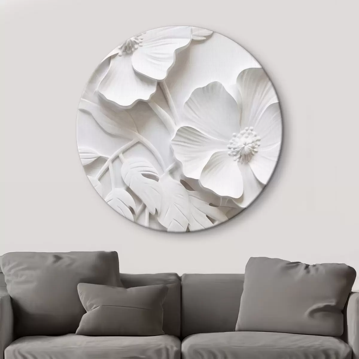 Apvalūs paveikslai Dekoratyvios minimalistinės baltos gėlės su lapais, reljefo imitacija, baltas fonas r45179