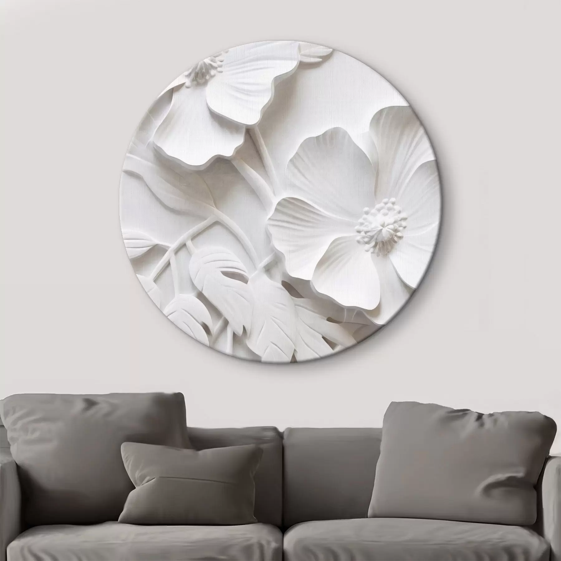 Paveikslėlis Dekoratyvios minimalistinės baltos gėlės su lapais, reljefo imitacija, baltas fonas r45179