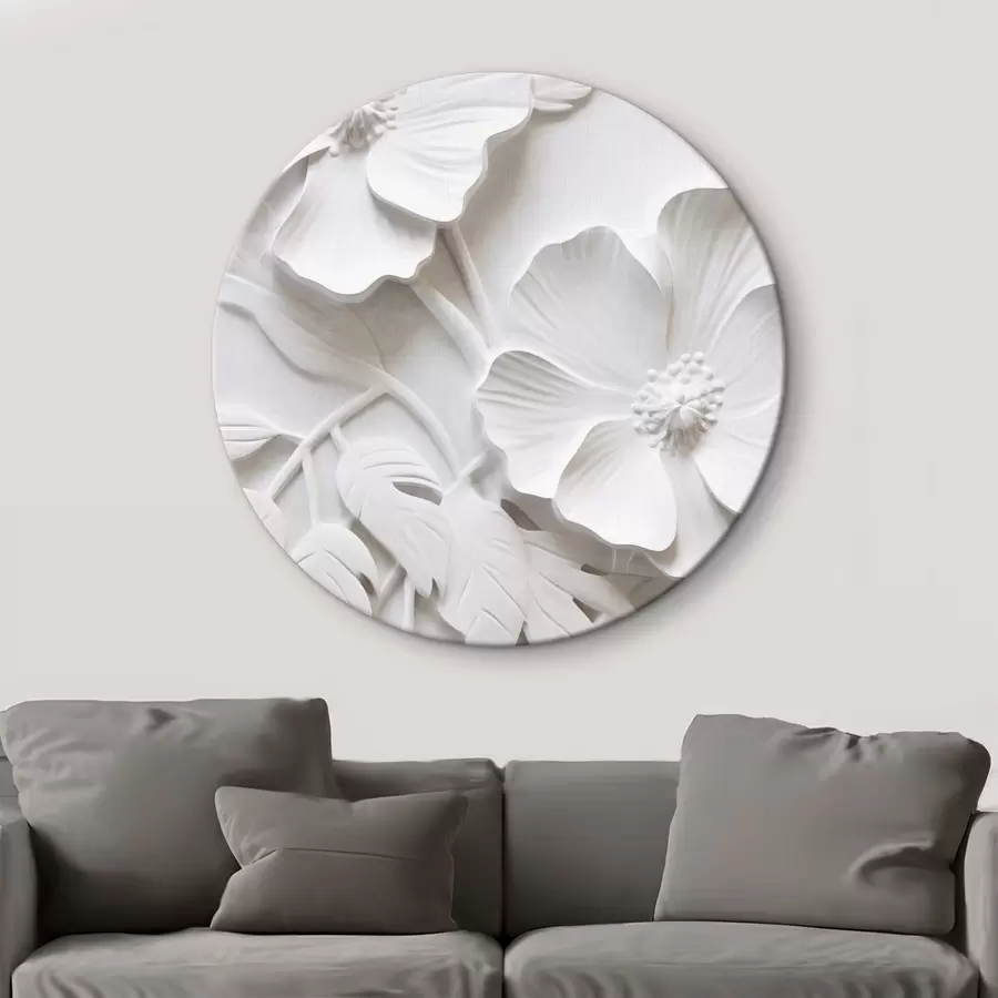 Paveikslėlis Dekoratyvios minimalistinės baltos gėlės su lapais, reljefo imitacija, baltas fonas r45179