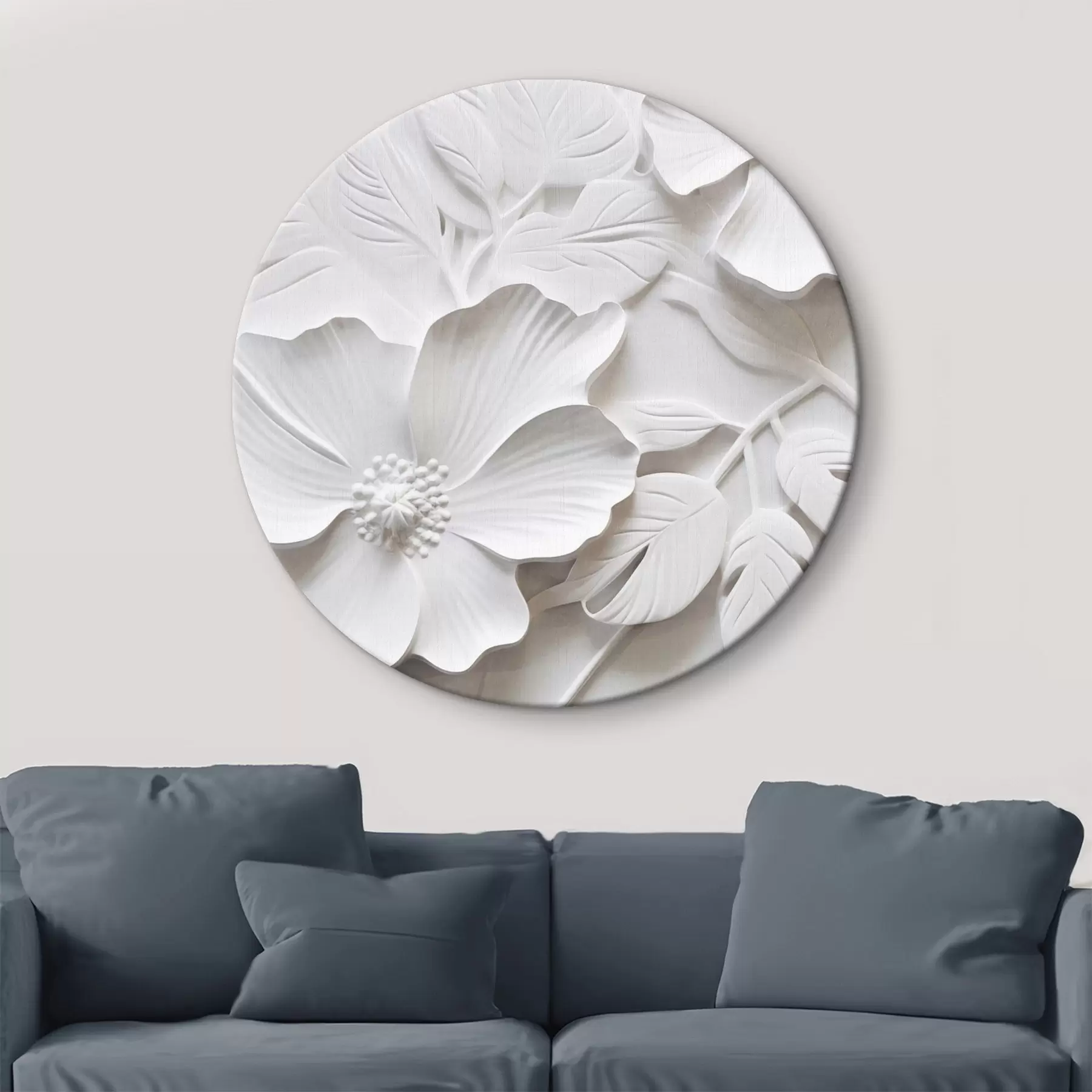 Paveikslėlis Dekoratyvios minimalistinės baltos gėlės su lapais, reljefo imitacija, baltas fonas r45180