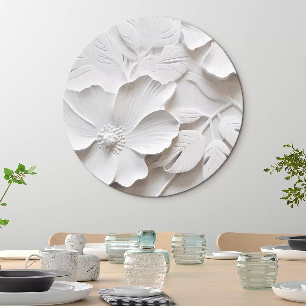Apvalūs paveikslai Dekoratyvios minimalistinės baltos gėlės su lapais, reljefo imitacija, baltas fonas r45180