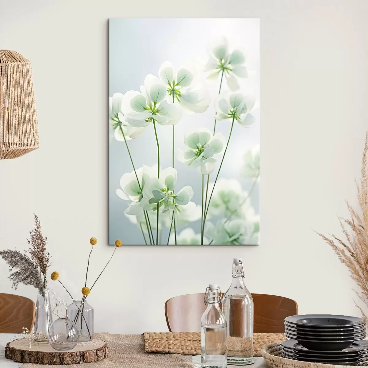 Paveikslėlis Baltų dobilų gėlės su žaliu stiebu ir lapais, minkštas apšvietimas, švarus fonas, minimalistinė kompozicija, botaninis s45172