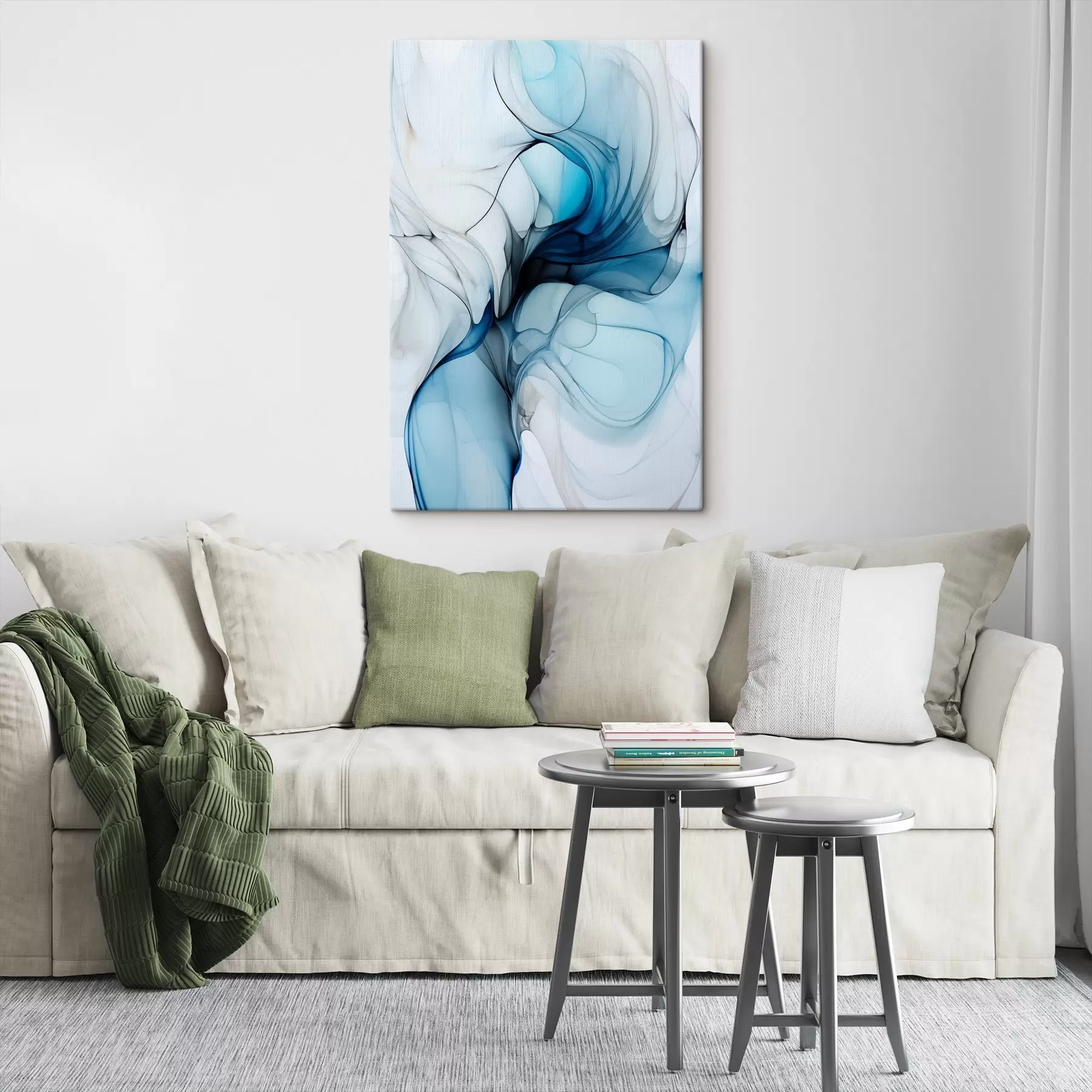 Paveikslėlis Abstrakti kompozicija su tekančiomis linijomis ir permatomais žiedlapiais mėlynos, baltos ir smėlio spalvos atspalviais, alkoholinio tušo imitacija s45178