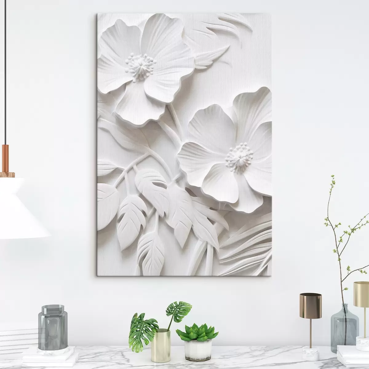 Paveikslėlis Dekoratyvios minimalistinės baltos gėlės su lapais, reljefo imitacija, baltas fonas s45179