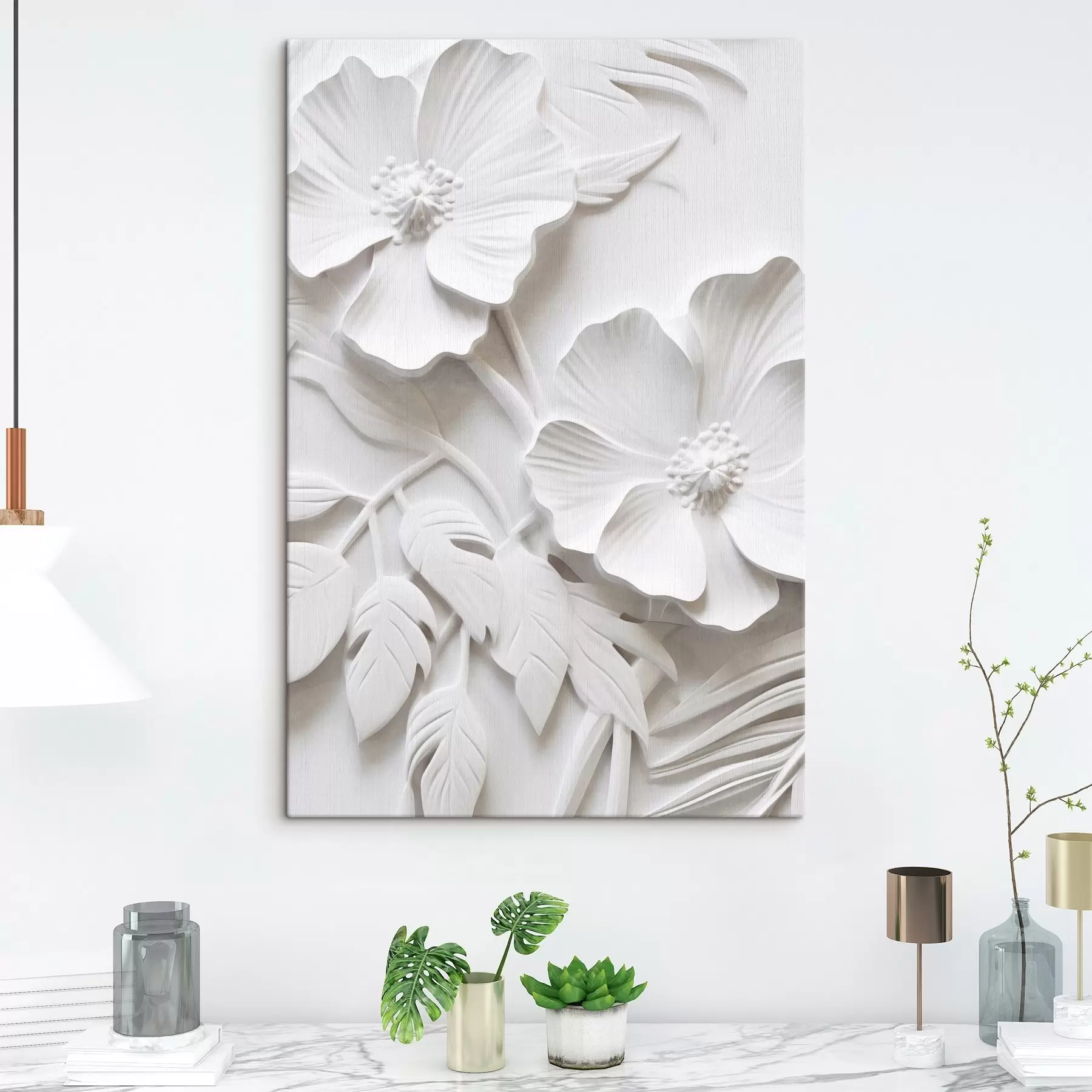 Paveikslėlis Dekoratyvios minimalistinės baltos gėlės su lapais, reljefo imitacija, baltas fonas s45179