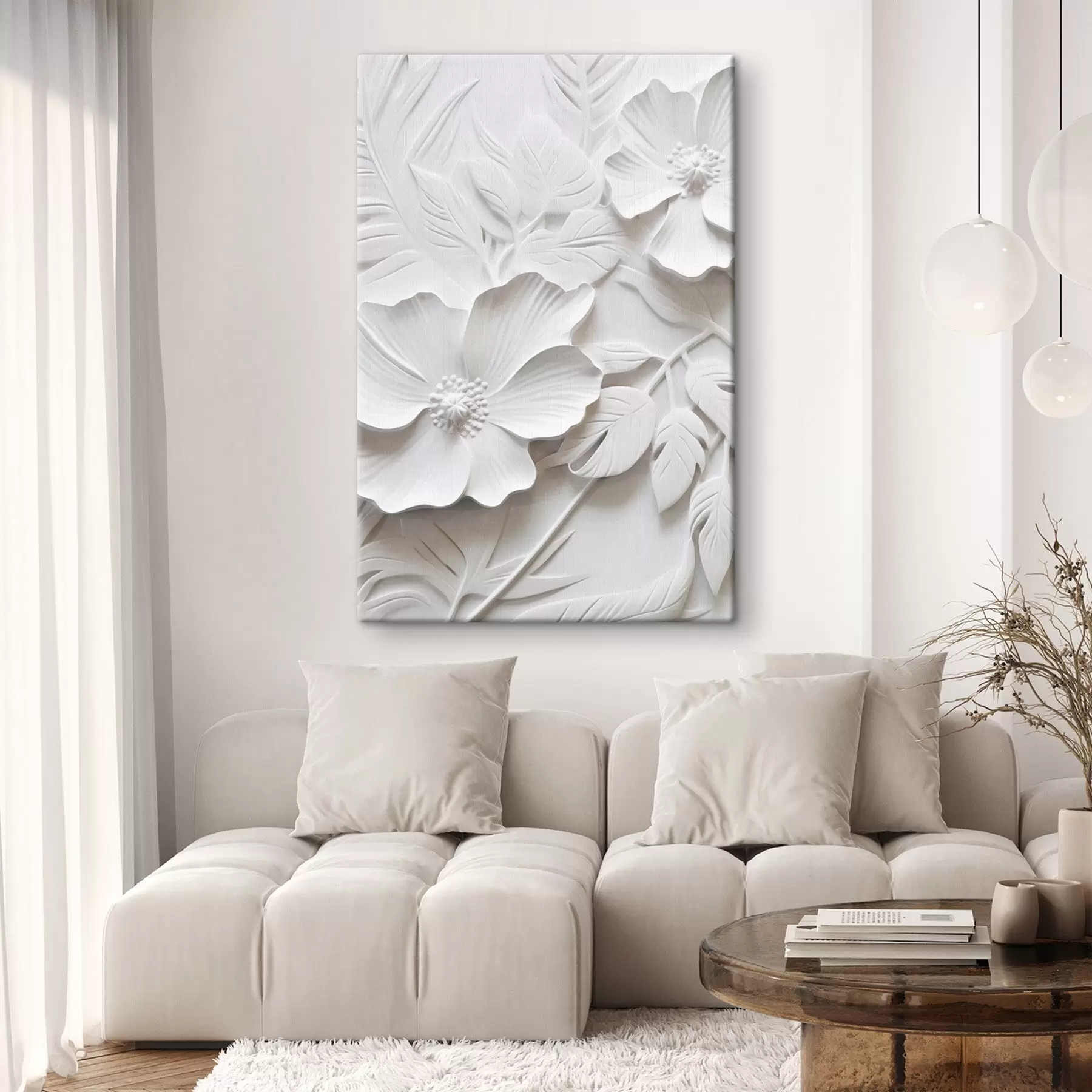 Paveikslėlis Dekoratyvios minimalistinės baltos gėlės su lapais, reljefo imitacija, baltas fonas s45180