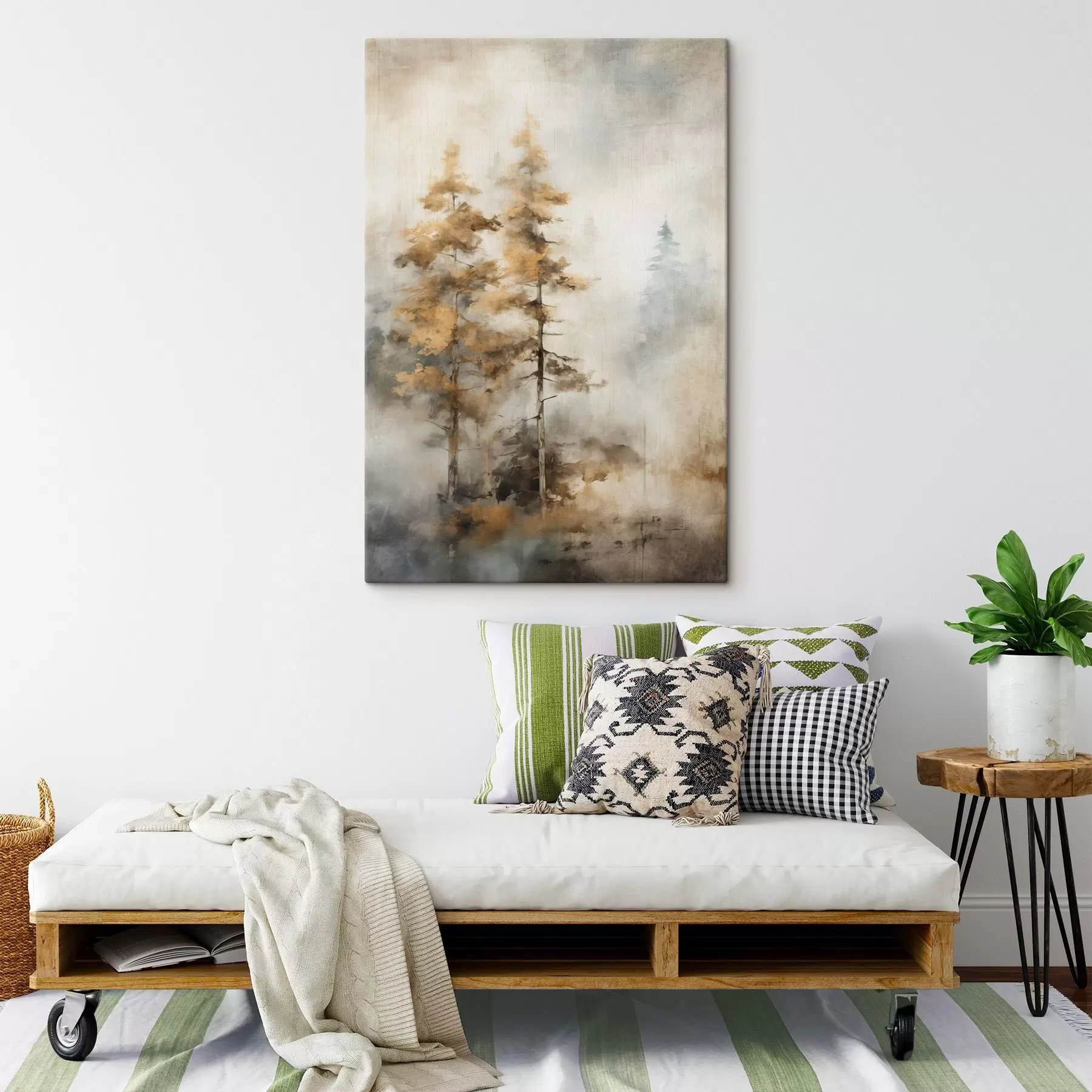 Paveikslėlis Tekstūruoti aukšti medžiai su geltonais lapais miške , fone susipina švelnūs mėlyni ir rudi tonai s45188