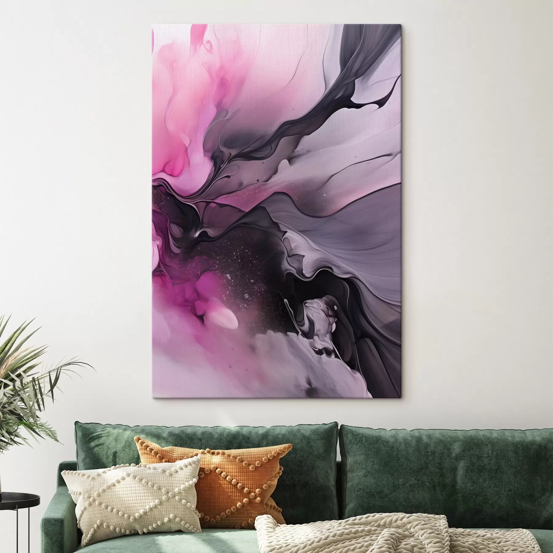 Paveikslėlis Abstraktūs rausvos, violetinės ir juodos spalvos sūkuriai susilieja į sklandžią, organišką kompoziciją ir sukuria judėjimo įspūdį s45196