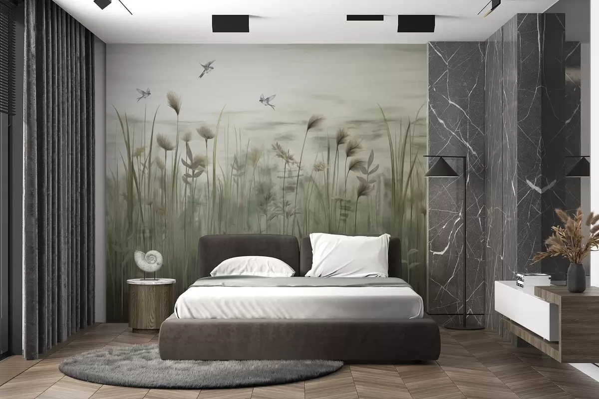 Fototapetai Lengva žolės peizažo su gulbėmis versija w04258