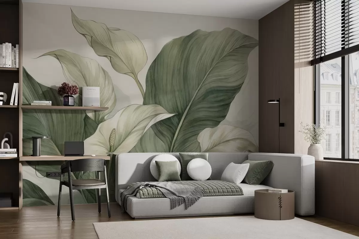 Fototapetai Žydinčio spathiphyllum su dideliais lapais stambiu planu w04263