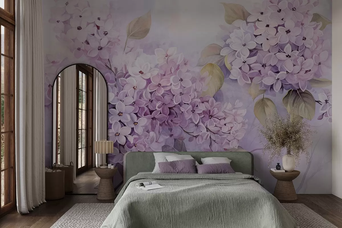 Fototapetai Lelijų tekstūros gėlės su šviesiai violetiniais žiedlapiais, šviesiai žali lapai, akvarelės stilius, švelnios, pastelinės spalvos, subtilūs potėpiai teptuku w09291
