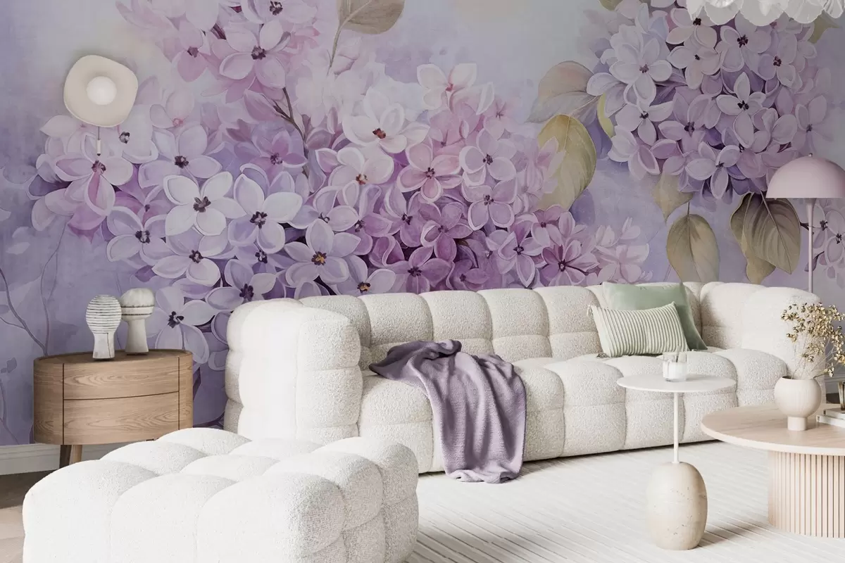 Fototapetai Lelijų tekstūros gėlės su šviesiai violetiniais žiedlapiais, šviesiai žali lapai, akvarelės stilius, švelnios, pastelinės spalvos, subtilūs potėpiai teptuku w09291