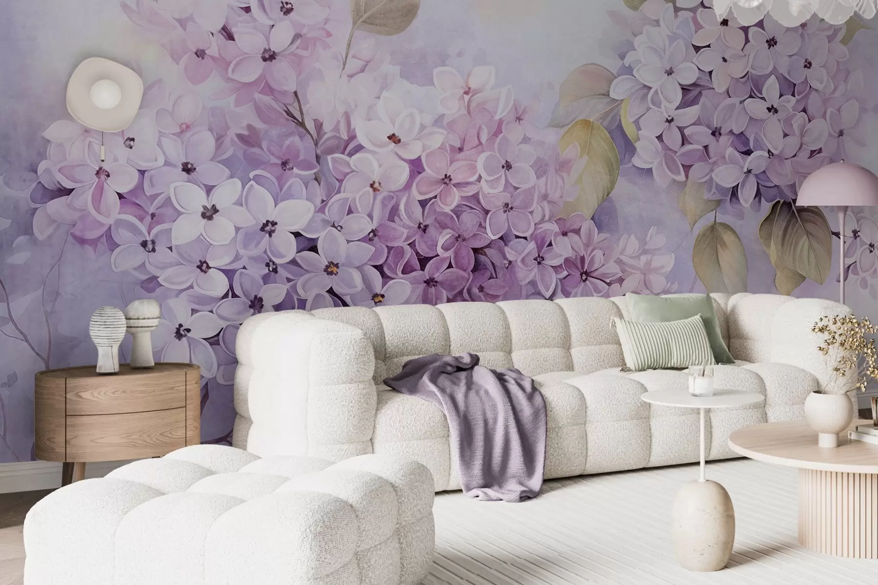 Fototapetai Lelijų tekstūros gėlės su šviesiai violetiniais žiedlapiais, šviesiai žali lapai, akvarelės stilius, švelnios, pastelinės spalvos, subtilūs potėpiai teptuku w09291