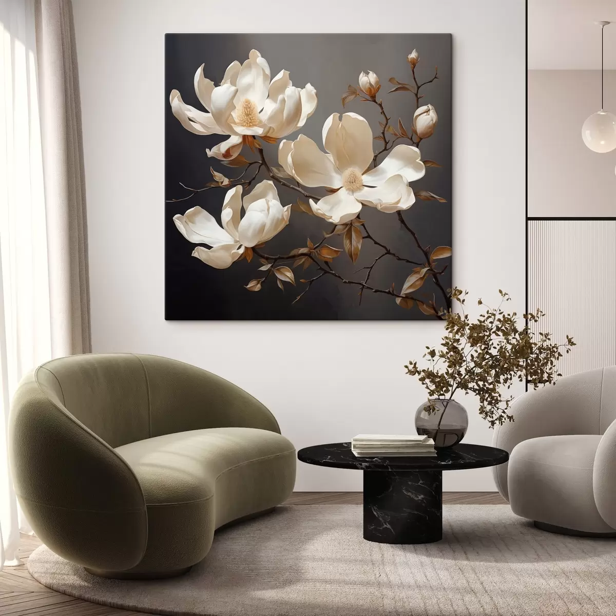 Paveikslėlis Baltos magnolijos tamsiame fone tapybiniu stiliumi s45038