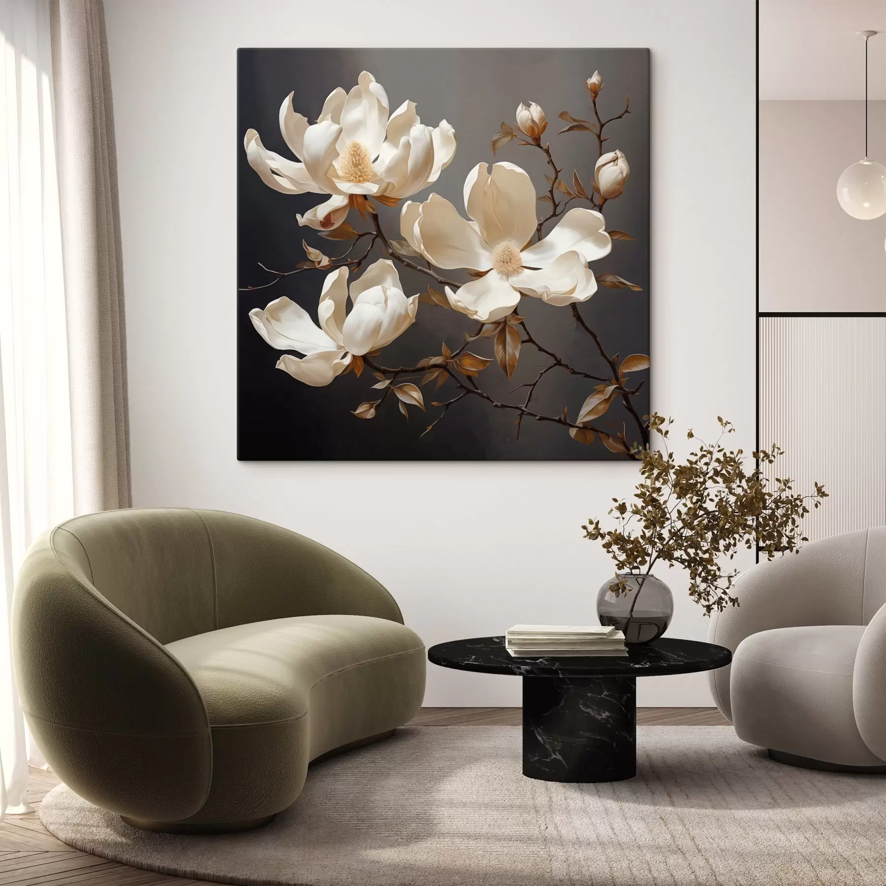 Paveikslėlis Baltos magnolijos tamsiame fone tapybiniu stiliumi s45038