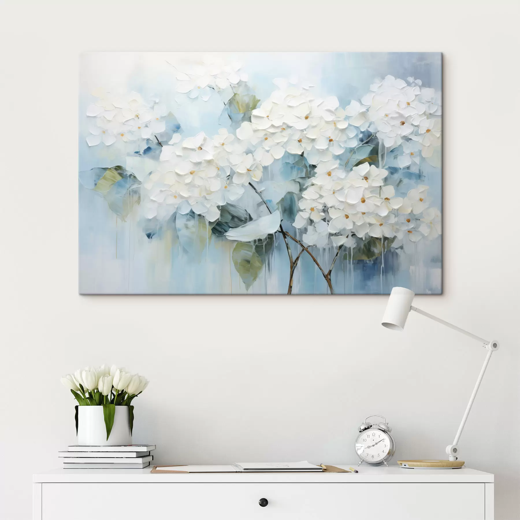 Paveikslėlis Žydinčios baltosios hortenzijos aliejinės tapybos stiliumi s45051
