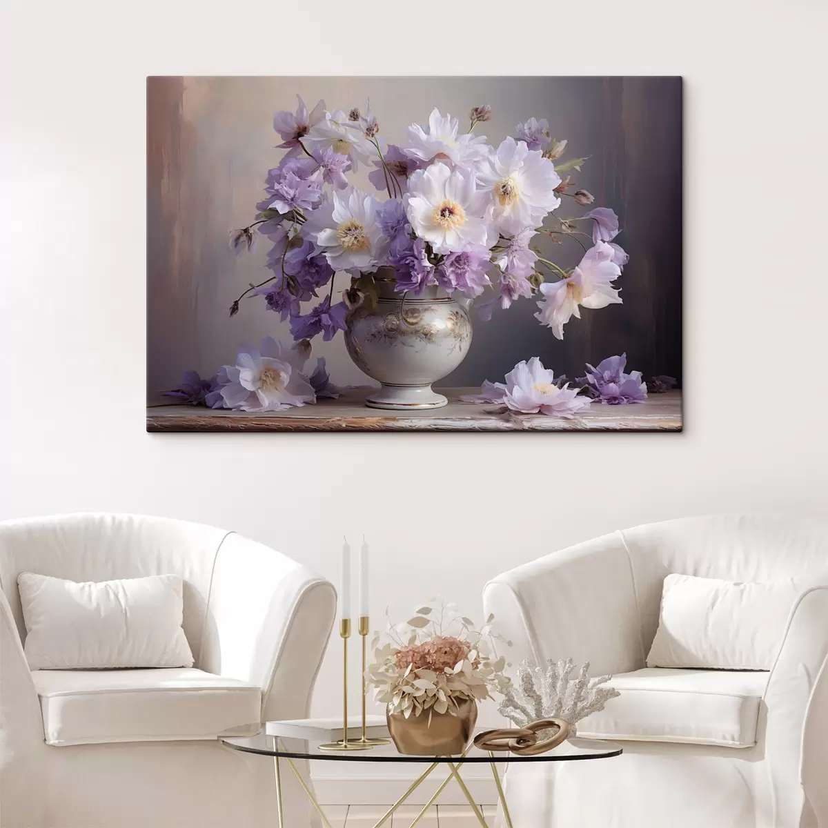 Paveikslėlis Gėlių natiurmortas: baltos ir violetinės gėlės meniniu stiliumi s45058